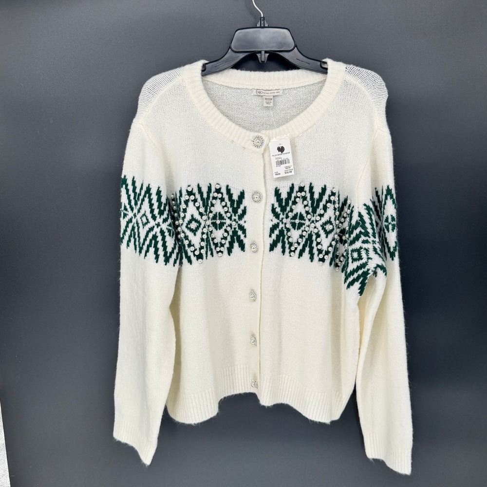 Cato Womens Plus Ivory Green Fair Isle Pearl Embellished Cardigan Sweater 18/20W